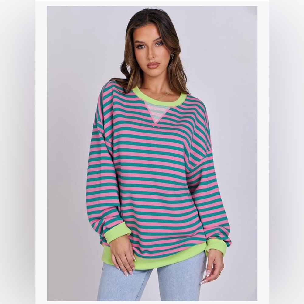 Striped Crewneck Pink and Green Sweatshirt XXL 1X/2X